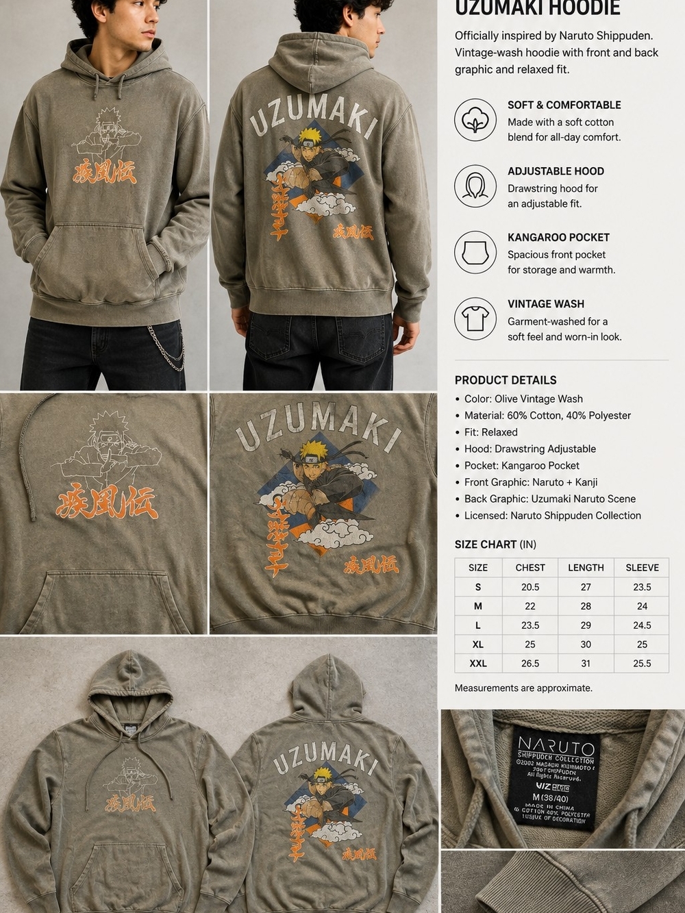 Naruto Shippuden Uzumaki Hoodie Mens Medium Anime Graphic Pullover Distressed